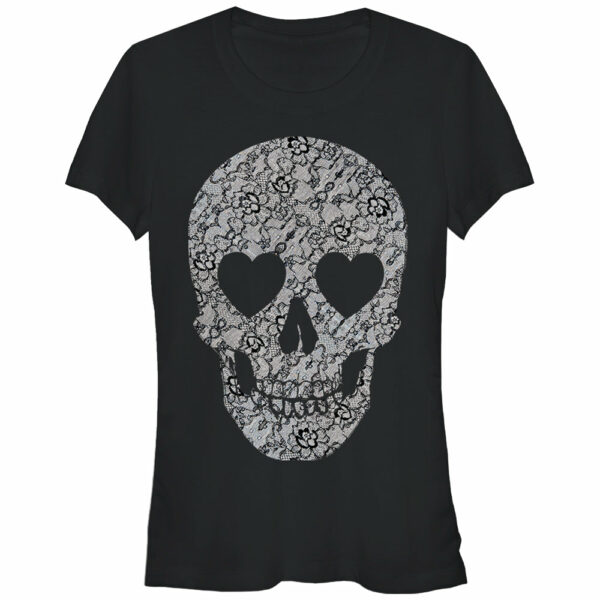 Junior’s Lost Gods Halloween Lace Print Heart Skull T-Shirt