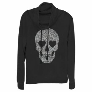 Junior’s Lost Gods Lace Print Heart Skull Cowl Neck Sweatshirt