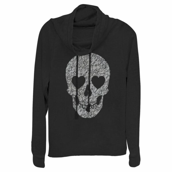 Junior’s Lost Gods Lace Print Heart Skull Cowl Neck Sweatshirt