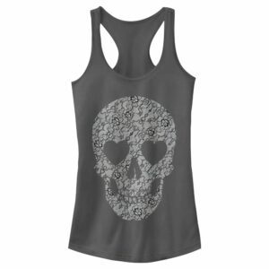 Junior’s Lost Gods Lace Print Heart Skull Racerback Tank Top