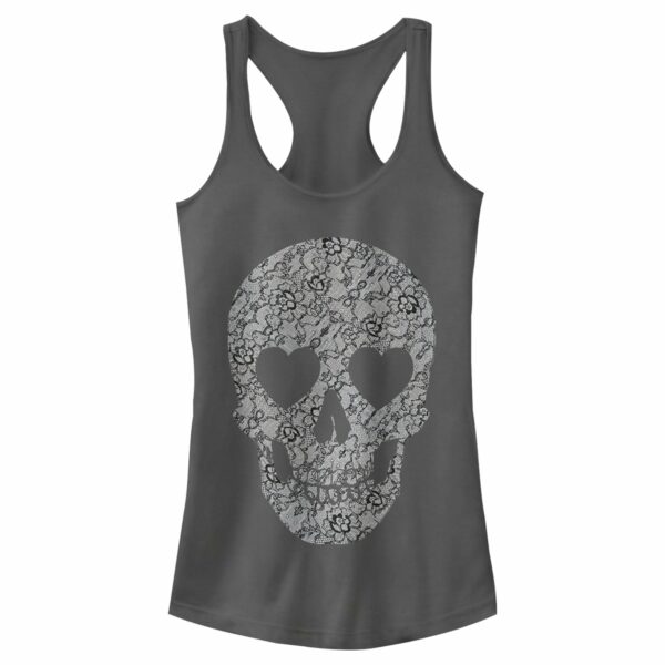 Junior’s Lost Gods Lace Print Heart Skull Racerback Tank Top