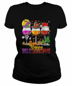 Halloween Thanksgiving Christmas Happy Hallothanksmas Wine T Shirt 1