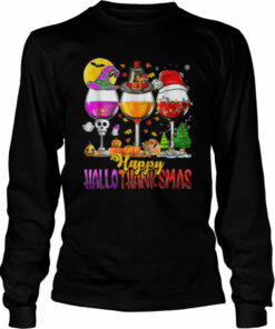 Halloween Thanksgiving Christmas Happy Hallothanksmas Wine T Shirt 2