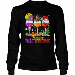 Halloween Thanksgiving Christmas Happy Hallothanksmas Wine T-Shirt