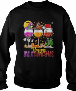 Halloween Thanksgiving Christmas Happy Hallothanksmas Wine T Shirt 3