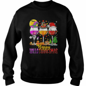 Halloween Thanksgiving Christmas Happy Hallothanksmas Wine T Shirt 3