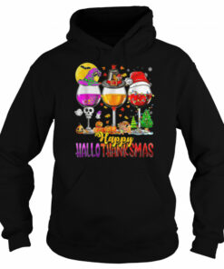 Halloween Thanksgiving Christmas Happy Hallothanksmas Wine T Shirt 4