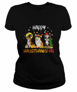 Happy HalloThanksMas Halloween Thanksgiving Christmas Dog T Shirt 1