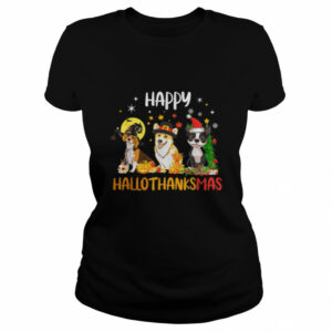 Happy HalloThanksMas Halloween Thanksgiving Christmas Dog T-Shirt