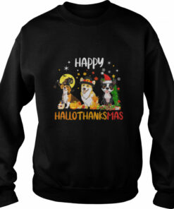 Happy HalloThanksMas Halloween Thanksgiving Christmas Dog T Shirt 3