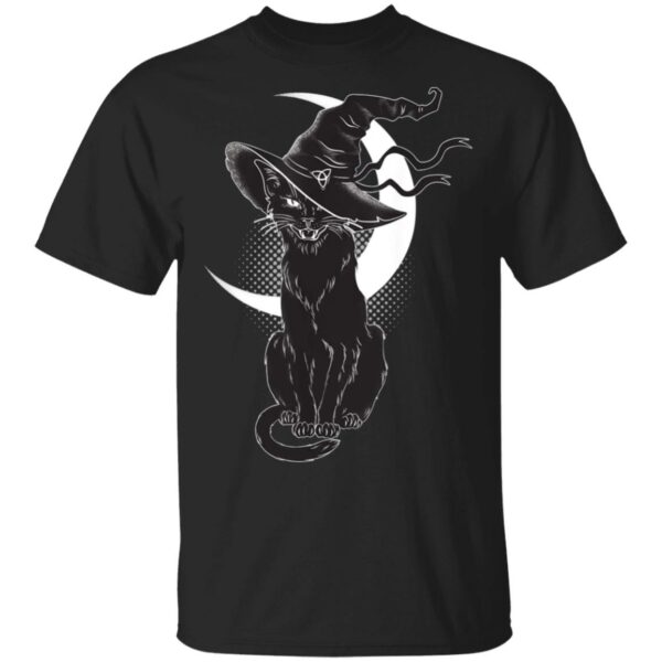 Scary Halloween Black Cat Costume Witch Hat And Moon Shirt