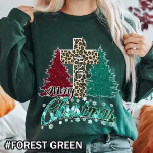 Jesus Christ Merry Christmas T-Shirt with Cheetah Cross and Trees