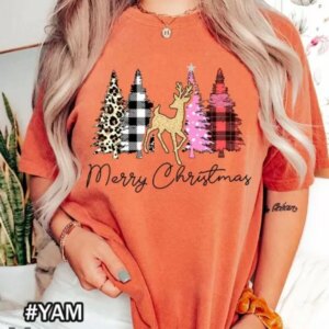 Merry Christmas Comfort Colors T-Shirt Featuring Deer and Buffalo Plaid Leopard Print Trees