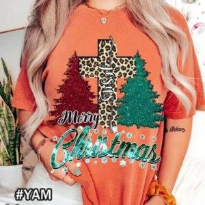 Merry Christmas Comfort Colors T-Shirt with Festive Cross and Trees