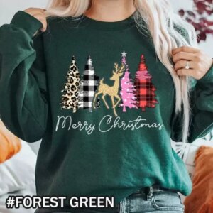 Merry Christmas T-Shirt Featuring Deer Between Buffalo Plaid and Leopard Cheetah Trees