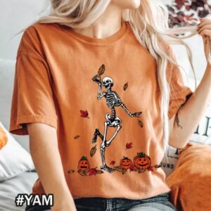 Vintage Happy Skeleton Dancing with Jack-o-Lanterns Halloween T-Shirt