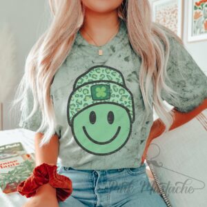 St. Patricks Day Happy Face Beanie Leopard Comfort Colors Color Blast Distressed Tee- Sizes and Inventory Limited